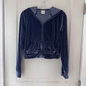 PINK Victoria's Secret Velour Cropped Hoodie Blue Velvet Y2K Rhinestone Small